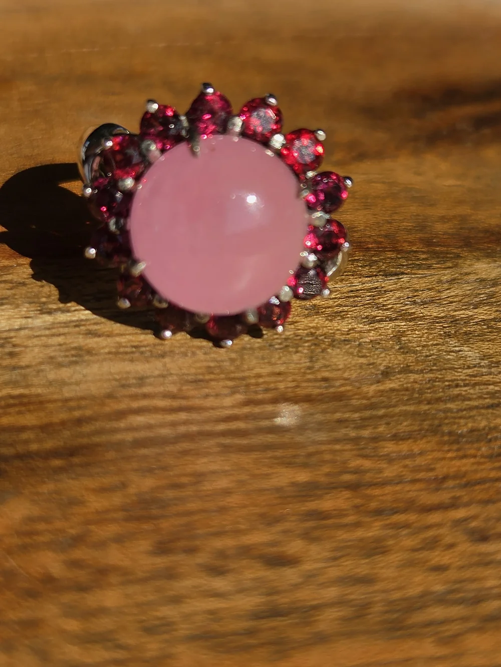 Pink Jadeite Garnet Halo Cocktail Ring -